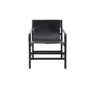 Black leather chair with a natural teak wood frame, copper-studded armrests, and clean, minimalist design.