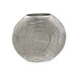 Large antique silver aluminum vase with a textured surface resembling oak tree growth rings.