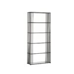 Black iron bookshelf with vertical rods and clear glass shelves, perfect for modern and minimalist interiors.