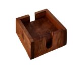 Set of four olive wood square coasters with rich grain patterns, stored in a matching acacia wood holder.