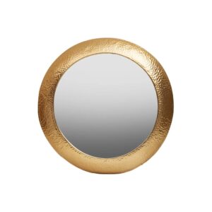 Round wall mirror with a warm metallic textured iron frame, ideal for adding elegance and light to any space.