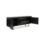 Rectangular black elm wood sideboard with three central drawers, two cupboards, and U-shaped metal legs.