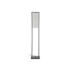 Sleek black floor lamp with a rectangular metal frame and a suspended white linen cylindrical shade, perfect for modern interiors.