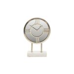 Modern clock with a mirrored face, silver frame, and white marble base, ideal for elegant desk or mantel decor.