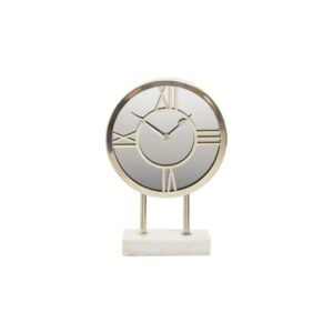 Modern clock with a mirrored face, silver frame, and white marble base, ideal for elegant desk or mantel decor.