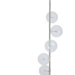 Elegant nickel floor lamp with five spherical lampshades and a cylindrical white marble base, perfect for modern interiors.