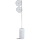 Elegant nickel floor lamp with five spherical lampshades and a cylindrical white marble base, perfect for modern interiors.