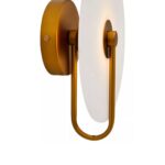 Wall light with a white marble wheel-shaped shade, gold-finish backplate, and sleek metal rods, offering a luxurious and contemporary design.