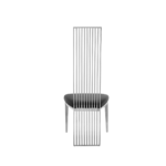 Tall dining chair with a metallic back, black faux leather seat, and sleek tapered legs.