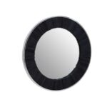 Round mirror with a black wood textured frame and sleek silver-lined edges for a modern aesthetic.