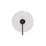 Wall light with a white marble wheel-shaped shade, matte black backplate, and metal rods, offering modern and elegant lighting.