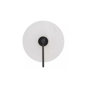 Wall light with a white marble wheel-shaped shade, matte black backplate, and metal rods, offering modern and elegant lighting.