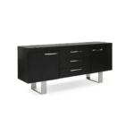 Rectangular black elm wood sideboard with three central drawers, two cupboards, and U-shaped metal legs.