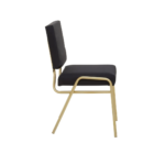 Black linen dining chair with a gold-finished metal frame, square padded backrest, and armless angular design.