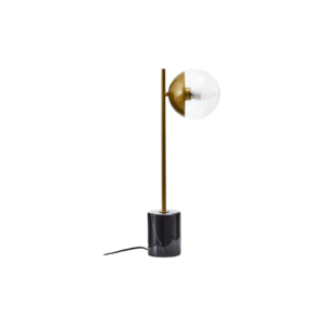 Contemporary gold table lamp with a clear glass globe and a black marble base, ideal for modern and mid-century interiors.