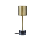 Modern black table lamp with a brushed brass shade and slim stem, complemented by a solid black marble base, perfect for contemporary interiors.