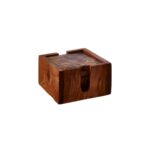 Set of four olive wood square coasters with rich grain patterns, stored in a matching acacia wood holder.