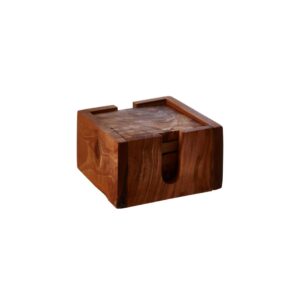 Set of four olive wood square coasters with rich grain patterns, stored in a matching acacia wood holder.