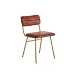 Tan leather dining chair with horizontal channel tufting and a sleek angular gold-finished iron frame.