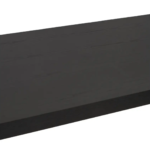 Modern dining table with a black elm wood rectangular top and U-shaped stainless steel legs for an industrial design.