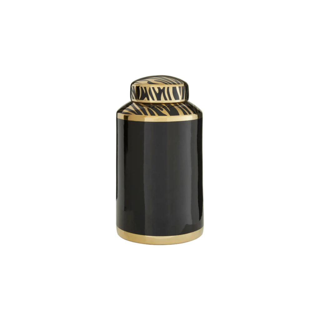 Black and gold KNIGHT Small Canister with zebra-patterned lid, made of glossy porcelain for luxurious decor.