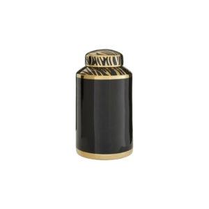 Black and gold KNIGHT Small Canister with zebra-patterned lid, made of glossy porcelain for luxurious decor.