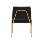 Black linen dining chair with a gold-finished metal frame, square padded backrest, and armless angular design.