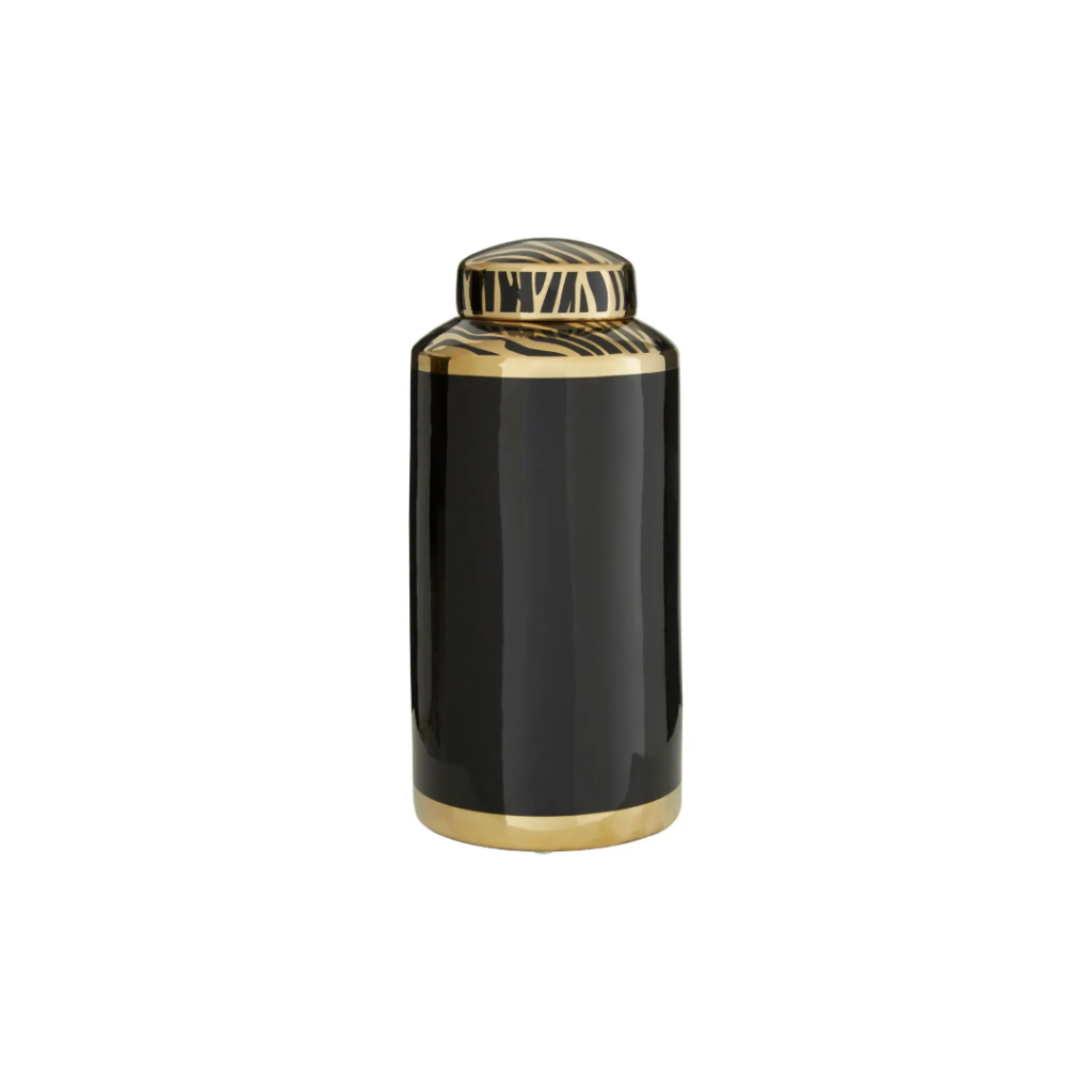 Black and gold KNIGHT Large Canister with zebra-patterned lid, crafted from glossy porcelain for sophisticated d&eacute;cor.