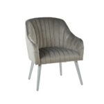 Modern armchair with monochromatic channel-tufted upholstery, sloping armrests, and angled silver-finished wooden legs.