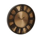 Large wall clock with an antique gold face, sleek black frame, and Roman numerals, ideal for modern and traditional décor.