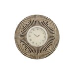 Decorative round wall clock with a black and gold sunburst frame and ribbed accents, ideal for modern and vintage interiors.
