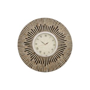 Decorative round wall clock with a black and gold sunburst frame and ribbed accents, ideal for modern and vintage interiors.