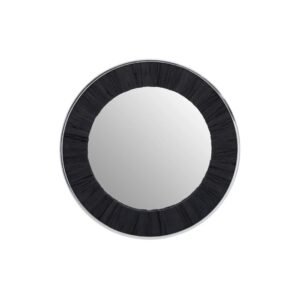 Round mirror with a black wood textured frame and sleek silver-lined edges for a modern aesthetic.