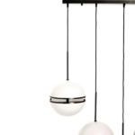 Modern black pendant light with five spherical lampshades and matte black metalwork, ideal for contemporary and industrial interiors.
