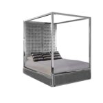 LAWRENCE Grey Four Poster Bed with a stainless steel frame, velvet tufted headboard, and a modern, luxurious aesthetic.