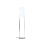 Minimalist floor lamp with a satin nickel frame and a suspended white cylindrical fabric shade, ideal for Scandinavian and modern interiors.