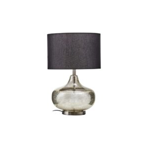 Table lamp with a metallic silver glass base, round metal plate, and black linen shade, perfect for modern interiors.