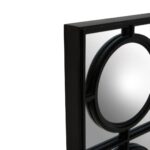 Window-inspired rectangular wall mirror with a black frame and geometric circular lattice overlay.