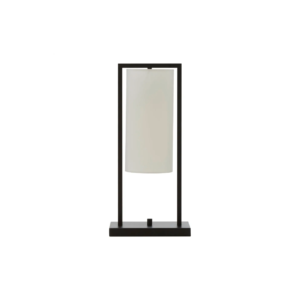 Stylish black table lamp with a rectangular frame and a suspended white cylindrical linen shade, perfect for modern and minimalist interiors.