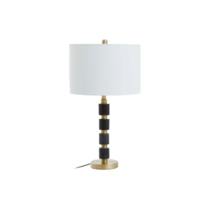 Elegant table lamp with an ivory shade, gold-finished metal stem, black marble columns, and a round base, perfect for modern and classic interiors.