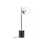 Compact silver table lamp with a clear glass globe and a black marble base, perfect for modern and minimalist interiors.