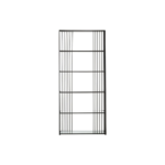 Black iron bookshelf with vertical rods and clear glass shelves, perfect for modern and minimalist interiors.