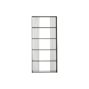 Black iron bookshelf with vertical rods and clear glass shelves, perfect for modern and minimalist interiors.