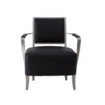 Black leather chair with a brushed stainless steel frame, expansive seating area, and modern design.