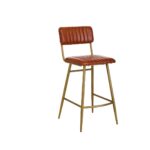 Tan leather barstool with vertical channel tufting and a sleek gold-finished angular iron frame.