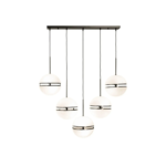 Modern black pendant light with five spherical lampshades and matte black metalwork, ideal for contemporary and industrial interiors.