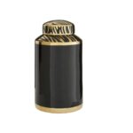 Black and gold KNIGHT Small Canister with zebra-patterned lid, made of glossy porcelain for luxurious decor.