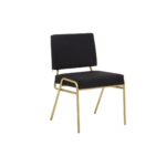 Black linen dining chair with a gold-finished metal frame, square padded backrest, and armless angular design.