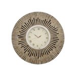 Decorative round wall clock with a black and gold sunburst frame and ribbed accents, ideal for modern and vintage interiors.