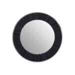 Round mirror with a black wood textured frame and sleek silver-lined edges for a modern aesthetic.